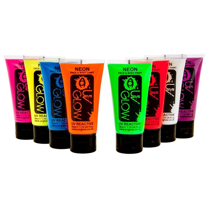 Blacklight Face and Body Paint 1.7oz - Set of 8 Tubes - Neon Fluorescent