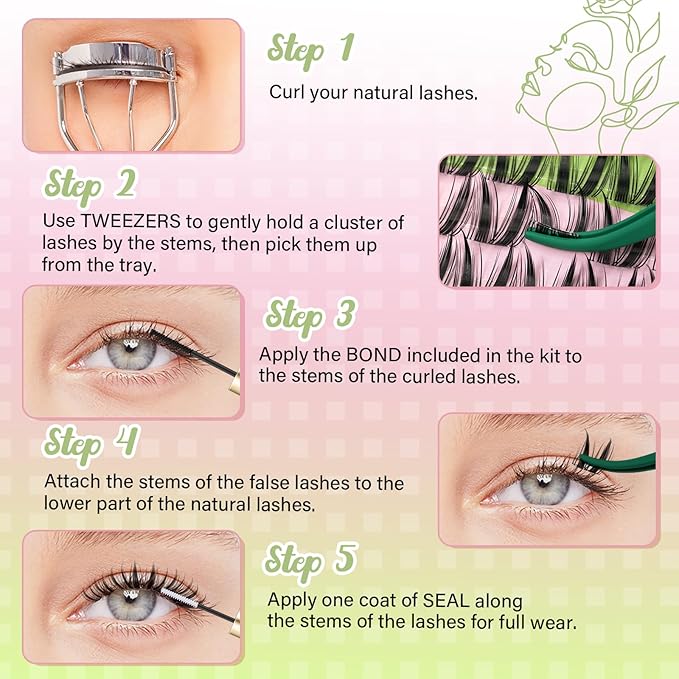 Fairy Ruby Lash Clusters Kit Manga Lash Extension Kit D Curl 108Pcs Eyelash Extension Kit Wispy Natural Invisible Band Lash Kit with Waterproof DIY Lash Extension Kit at Home(Ruby-D-8-18MIX)