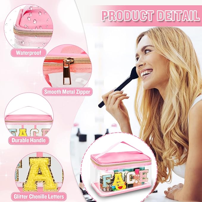 Chenille Letter Clear Makeup Bags Face Pouch, Preppy Patch Makeup Bag Zipper with Handle, Transparent PVC & Nylon Waterproof Glitter Cosmetic Handbag Travel Toiletry Storage for Women Girl(FACE-Pink)