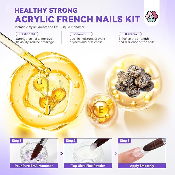 SAVILAND Acrylic Nail Kit: Keratin Acrylic Powder with Castor Oil Vitamin E Nail Primer Nail Glue French Tips Pink Rhinestones Complete Tools Everything for Beginners DIY Home Salon Christmas Gift