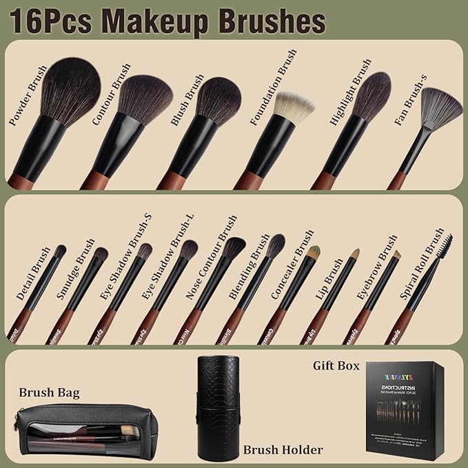 Makeup Brushes 16 Pcs Makeup Brush Set Professional, Wood Handle Travel Make Up Brushes Set with Case, Premium Cruelty-Free Synthetic Fiber Hair Makeup Brush Kit with Holder