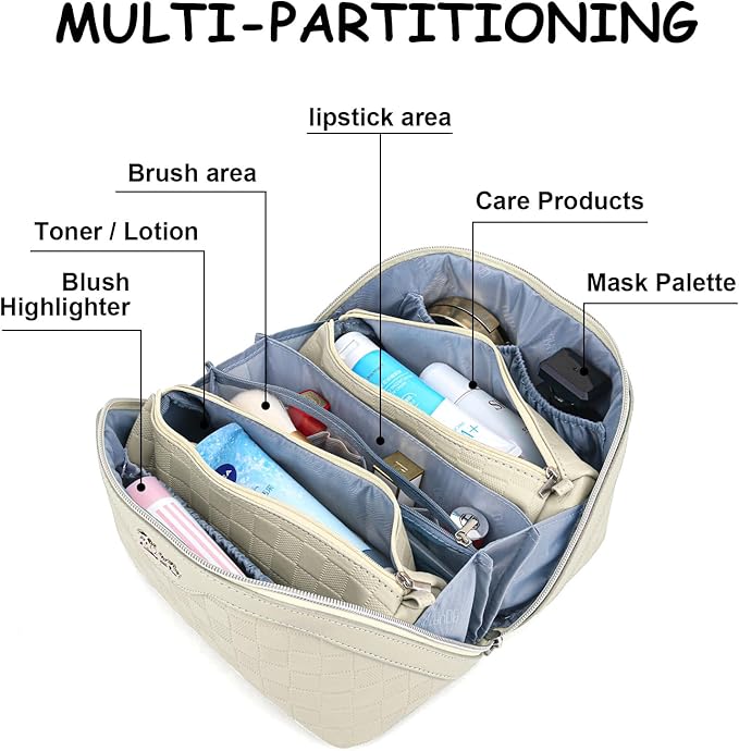 Travel Makeup Bag Organizer Cosmetic Bag: 3 Pcs Set Make up Bags for Women with Handle - Waterproof Vegan Leather Toiletry Bags with Comparments (Beige)