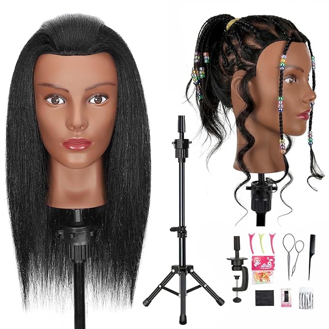 18" Mannequin Head Human Hair with 100% Real Hair Opini Human Hair Mannequin Doll Head for Hairdresser Practice Braiding Hairstyling with Adjustable Tripod Stand and Tools (18 Inch- Tripod Set)
