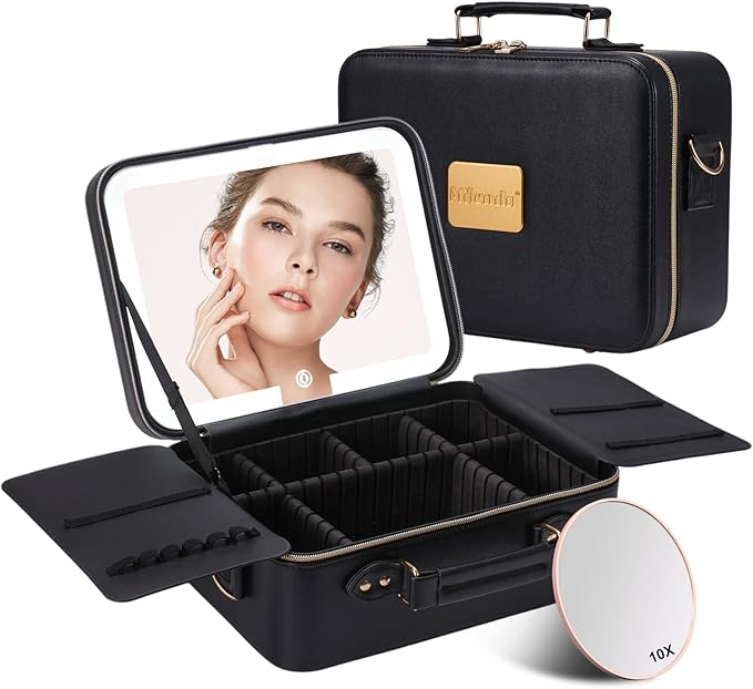 Mocado Travel Makeup Bag with LED Lighted Mirror,Makeup Case with 3 Color Lighted Setting and 10x Magnifying Mirror, Portable Storage and Adjustable Dividers (Black with Hard Leather)