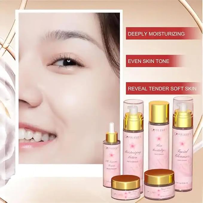 Luxurious Korean Style Cherry Blossom Facial Cleanser & Moisturizer Set, Facial Cleanser, Moisturizer, Revitalizer, Serum, Rejuvenator, Eye Cream, Daily Skincare Routine, Retinol Free