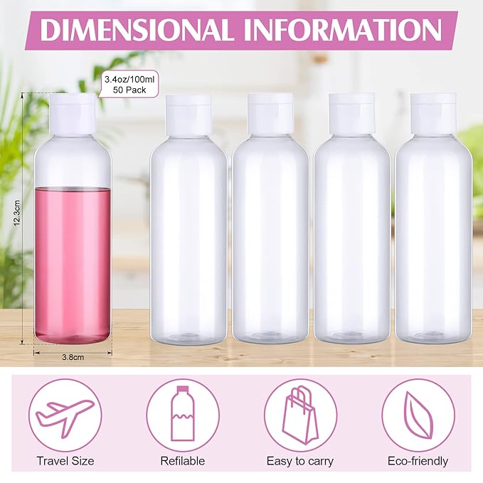 50 Piece 3.4 oz Travel Bottles Set Clear Plastic Refillable Squeeze Bottles with Flip Cap Dispensers and 2 Funnels for Travel-size Liquid Cosmetics(Clear, White)