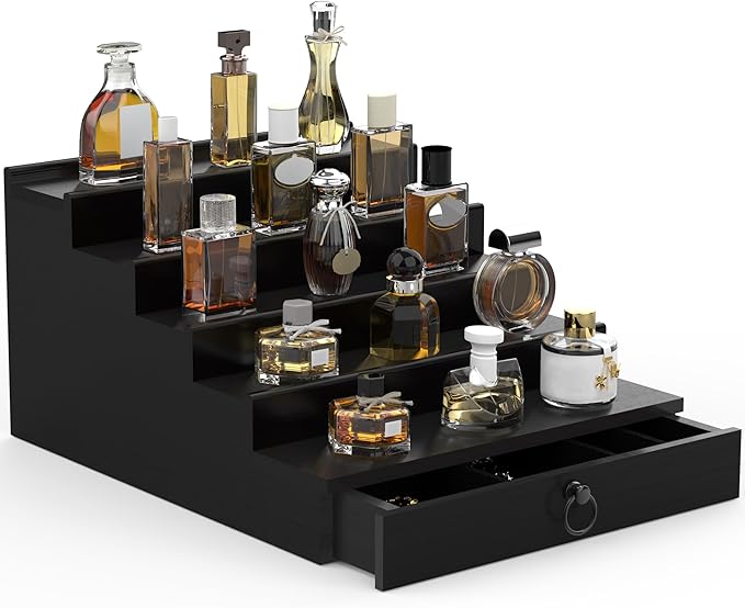 Cologne Organizer for Men, 5 Tier Black Cologne Shelf, Perfume Stand with Drawer and Hidden Compartment Perfume Display Holder - A Gift for Men