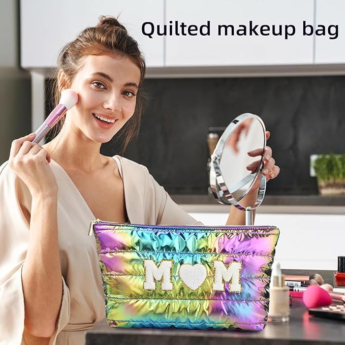 Hiroyuki 3pcs Iridescent Quilted Makeup Bag (ILOVEUMOM, rainbow)