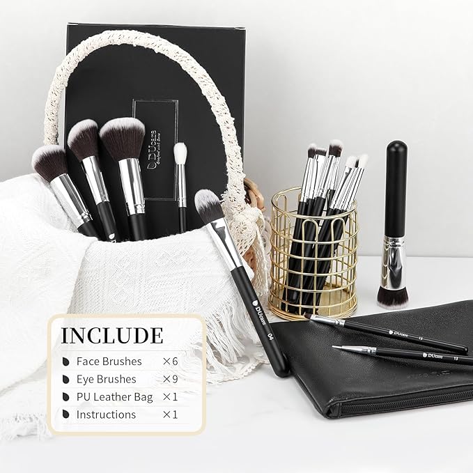 DUcare Makeup Brushes with Bag,15Pcs Makeup Brush Set Christmas Gift Travel Kabuki Foundation Blending Blush Eyeliner Shadow Brow Concealer Brushes Kit Black