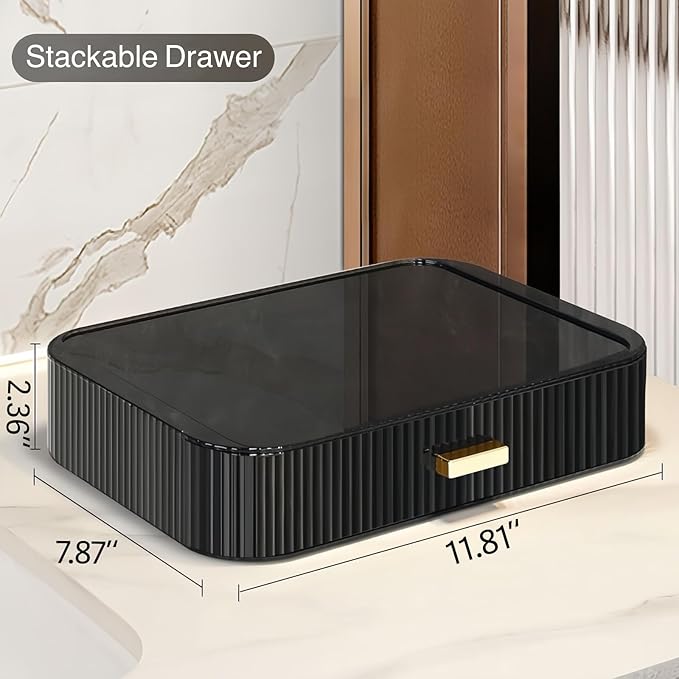 Stackable Cosmetics Organizer Drawers, Bathroom Vanity Makeup Organizer and Storage, Ideal for Desk and Dresser Countertops, Great for Palette, Skincare, Lipsticks, Nail Care-Black