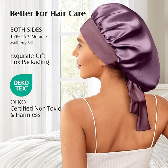 YFONG 100% 22 Momme Mulberry Silk Bonnet for Sleeping Women, Larger Double Layer Silk Hair Wrap for Curly Short Long Hair, Non-Slip Sleep Cap Turban with Elastic Tie Band for Hair Care, Purple