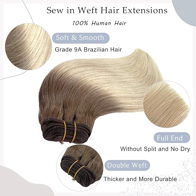 Sew in Hair Extensions Real Human Hair,18 Inch 100G Hand Tied Weft Hair Extensions Human Hair Ombre Brown Fading to Blonde Bundles Sew in Weft Hair Extensions Real Human Hair Weave Bundles for Women