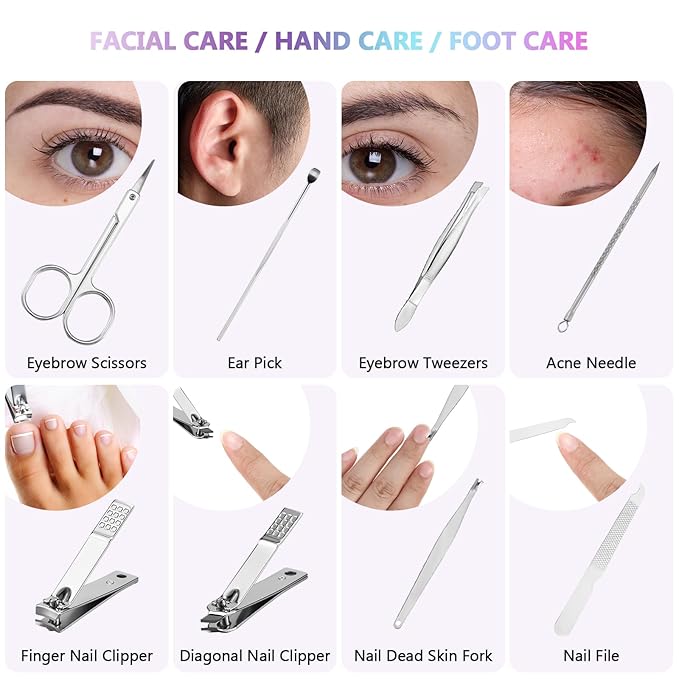 Lasnten 24 Set Manicure Set Bulk Nail Clippers Grooming Nail Kit Stainless Steel Professional Pedicure Kit Pedicure Tools with Travel Case Gifts for Men Women Personal(8 in 1,Laser)