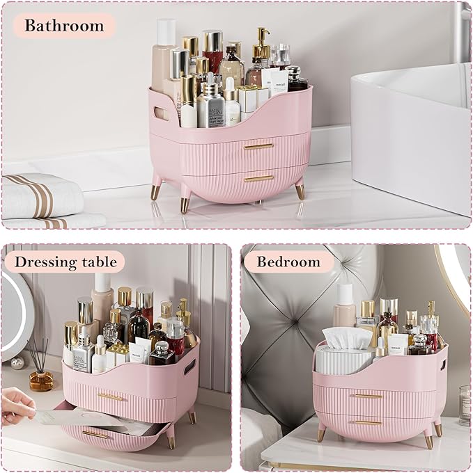 Makeup Organizer for Vanity, Large Capacity Skincare Cosmetic Organizer Countertop with 2 Drawers, Cosmetic Display Cases Makeup Storage Box for Bedroom, Bathroom, Ideal Gifts for Women(Pink)