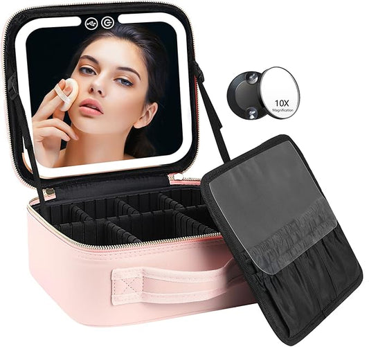 VANMRIOR Travel Makeup Bag with LED Lighted Make up Case with Mirror 3 Color Setting Cosmetic Makeup Box Organizer Vanity Case for Women Beauty Tools Accessories Case Rechargeable