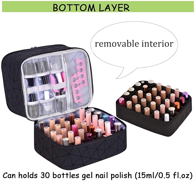 Nail Polish Carrying Case Bag-Holds 30 Bottles, Double-Layer Nail Polish Storage and Nail Dryer Case (Black)