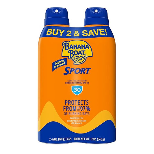 Banana Boat Sport Ultra SPF 30 Sunscreen Spray Twin Pack | Banana Boat Sunscreen Spray SPF 30, Spray On Sunscreen, Water Resistant Sunscreen, Oxybenzone Free Sunscreen Pack, 6oz each