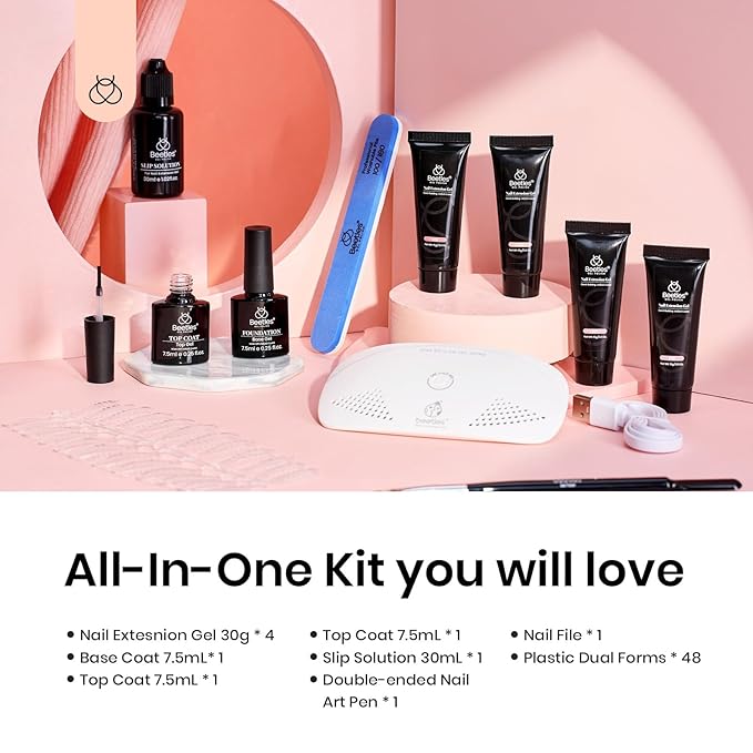 Beetles Poly Extension Gel Nail Kit, 4 Colors Nude Pink Neutral With Base Top Coat Manicure Enhancement All In One Poly Nail Gel Kit