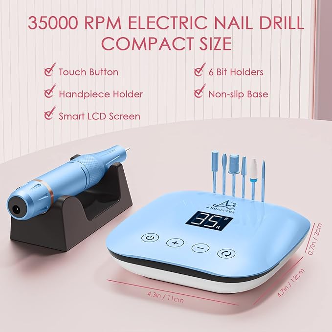 Professional 35000 RPM Electric Nail Drill, Portable Nail File Kit for Any Manicure, Pedicure, Acrylic Nails Gel Polishing Removing, Designed for Salon, Home, Gift Giving, Blue