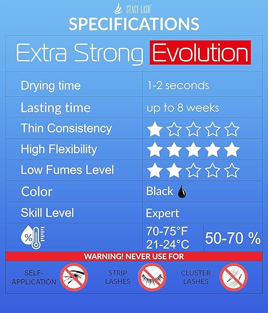 Extra Strong Evolution Eyelash Extension Glue Stacy Lash (0.17fl.oz/5ml)/1-2 Sec Dry/Retention – 8 Weeks/Professional Supplies/Black Adhesive