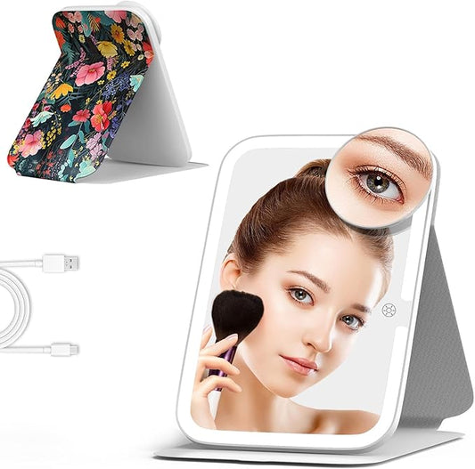 Mocado Travel Makeup Mirro with Lights, 360° Rotation Lighted Makeup Mirror, Portable Mirror with 10x Magnification, 3 Color Lightings, Dimmable Touch Screen, Tabletop Light up Mirror(Flower)