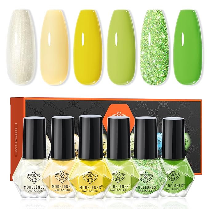 modelones Green Nail Polish, Spring Summer Easter Yellow White 6 Colors Quick Dry Nail Polish Set Mini Finger Long Lasting Fast Drying Manicure DIY Nail Art Home Salon Gift For Women Girls