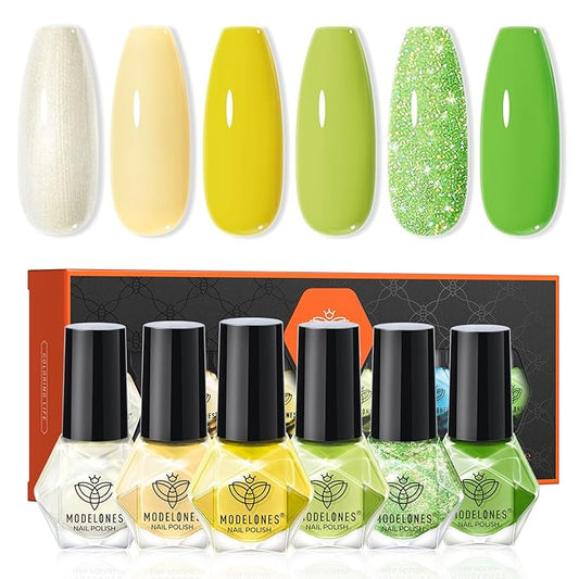 modelones Green Nail Polish, Spring Summer Easter Yellow White 6 Colors Quick Dry Nail Polish Set Mini Finger Long Lasting Fast Drying Manicure DIY Nail Art Home Salon Gift For Women Girls