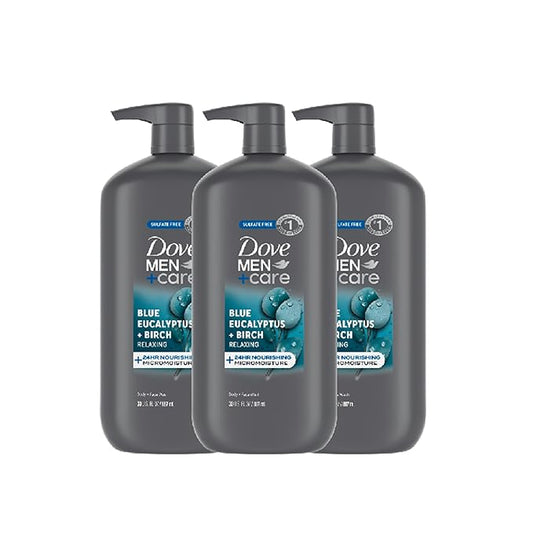 Dove Men+Care Relaxing Blue Eucalyptus + Birch 3 Count Body and Face Wash with 24-Hour Nourishing Micromoisture Technology Body Wash for Men 30 oz