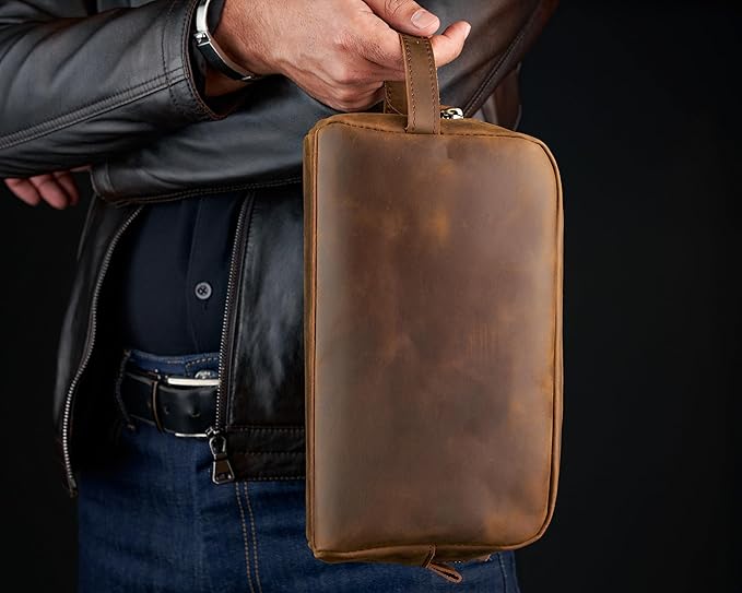 Awesometik Mens Travel Bag Toiletries Organizer Case for Grooming, Toiletry Bag for Men, Travel Essentials Shaving Dopp Kit, Geniune Leather Water Resistant Cosmetic Bag Pouch (Light Brown)