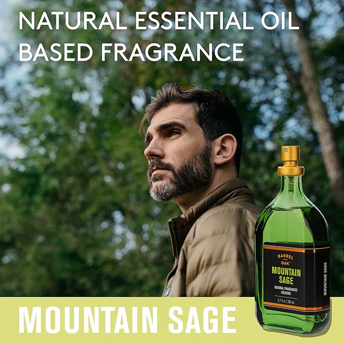 Barrel and Oak - Natural Fragrance Cologne for Men, Eau de Cologne, Essential Oil-Based Scent, Cedar & Patchouli Blend, Subtle Earthy Fragrance, Paraben Free, Vegan (Mountain Sage, 2.7 oz)