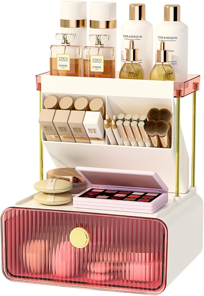 Makeup Organizer with Storage Drawer,Cosmetic Display with Lipsticks Brush Holder Perfume Tray,Organize Cosmetics and Beauty Supplies for Vanity,Dresser,Bathroom,Desktop Organizer,Blush Pink