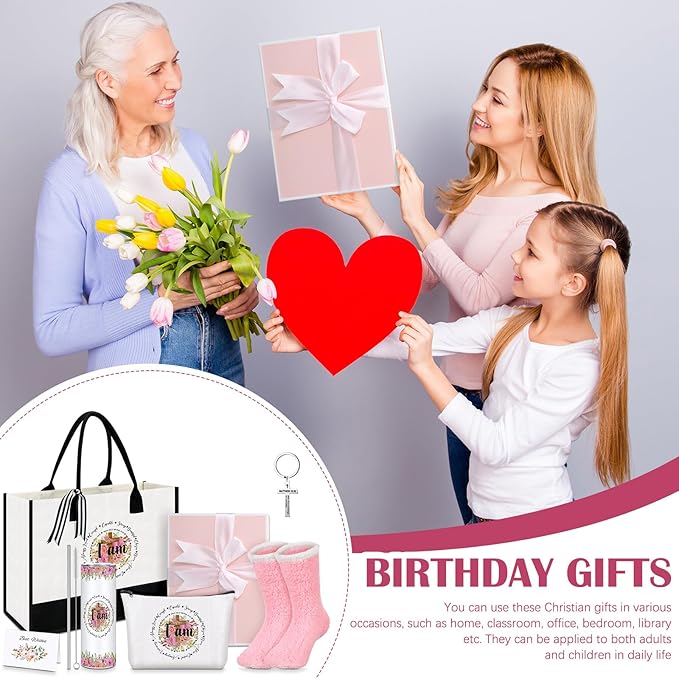Paterr 7 Pcs Christian Gift for Women Include 20 oz Stainless Steel Tumbler Inspirational Religious Tote Bag Makeup Bag Socks Keychain Thank You Card Christian Birthday Gifts for Women(I Am)