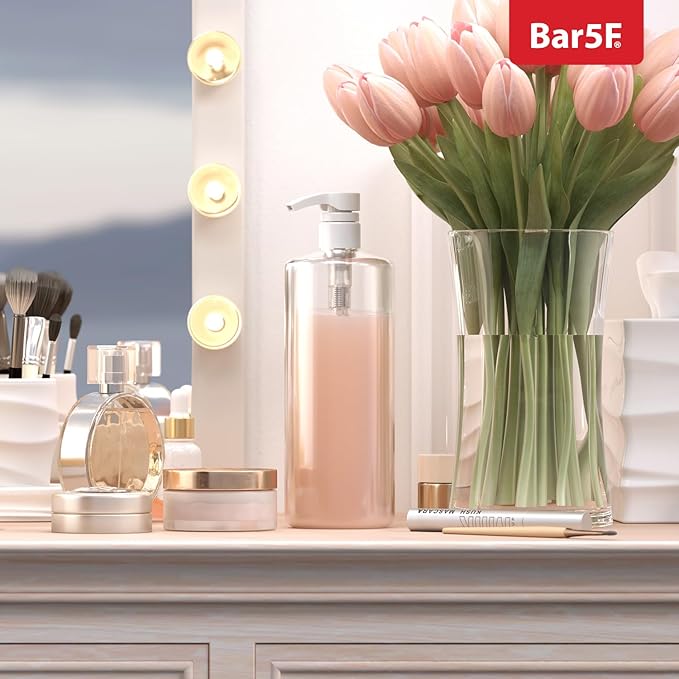 Bar5F Pump Bottle (2-Pack 32-Ounce 1-Liter) Empty for Shampoo Conditioner Body Wash Lotion BPA-Free Crystal-Clear