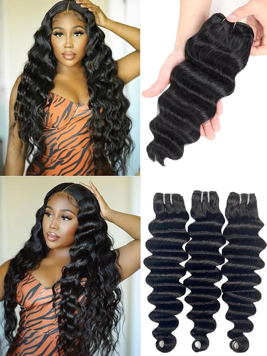 30 Inch 3 Bundles Human Hair Long Loose Deep Wave Weave Bundles 100% Unprocessed Brazilian Wavy Bundles Human Hair Raw Virgin Hair Natural Color for Women（30 30 30 Inch）
