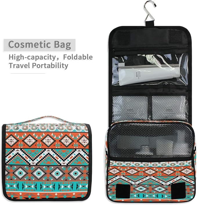 Hanging Toiletry Bag Ethnic Aztec Geometric Portable Travel Cosmetic Makeup Bag Bathroom Shower Shaving Kit Organizer Bag for Men Women
