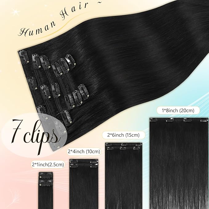 Black Clip in Hair Extensions Real Human Hair 15 Inch 75g Natural Human Hair Extensions Silky Straight Remy Human Hair Extension Clip ins for Women