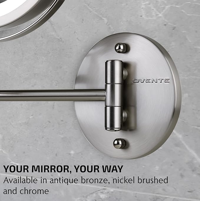 OVENTE 7" Lighted Wall Mount Makeup Mirror with 1X/7X Magnification, Cordless Double Sided Magnifying Round Vanity Mirror, 360° Swivel Design, Extendable and Folding Arm, Nickel Brushed MFW70BR1X7X