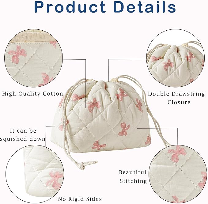 Cotton Quilted Drawstring Makeup Bag with Canvas Lining,Coquette Aesthetic Cute Travel Toiletry Bag,Drawstring Gift Bag for Women and Girls（09Little Pink Bow）