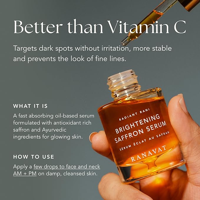 RANAVAT Brightening Saffron Face Serum - Discoloration Correcting Facial Serum, Dark Spot Corrector, Vitamin C Alternative & Hyperpigmentation Treatment - Leaves Skin with a Healthy Glow (0.17 oz)