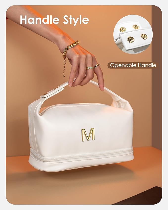 Birthday Gifts for Girls, Makeup Bags, Personalized Double Layer Cosmetic Bag with Makeup Brush Organizer, Gift for Her，PU Leather Travel Toiletry Bag, Travel Stuff for Girls