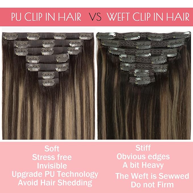 Loxxy Seamless Extensions Clip in Human Hair Ombre Dark Brown Fading to Chestnut Brown and Dark Brown Natural Remy Hair Extensions Clip in Human Hair With PU Weft Invisible 7PCS 110G 14Inch