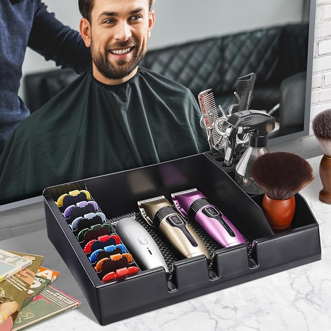 Barber Station Organizer Tray, Barber Clipper Organizer for Trimmers, Razors, Scissors, Combs & Brushes, Multi-Compartments Barbershop Salon Countertop Tray for Hairdressing Tool, Non-slip Mat