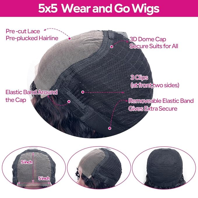 5x5 HD Straight Lace Closure Wigs Human Hair Wear and Go Glueless Wigs Human Hair Pre Plucked Pre Cut with Baby Hair 180 Density Straight Transparent Lace Front Wigs For Women 28 Inch