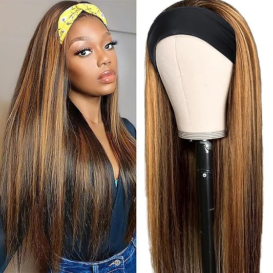 Aiterina Ombre Headband Wig Straight Human Hair Wigs for Black Women 4/27 Highlight Brazilian Virgin Hair Machine Made Headband Wig Glueless Human Hair Wigs 24 Inch