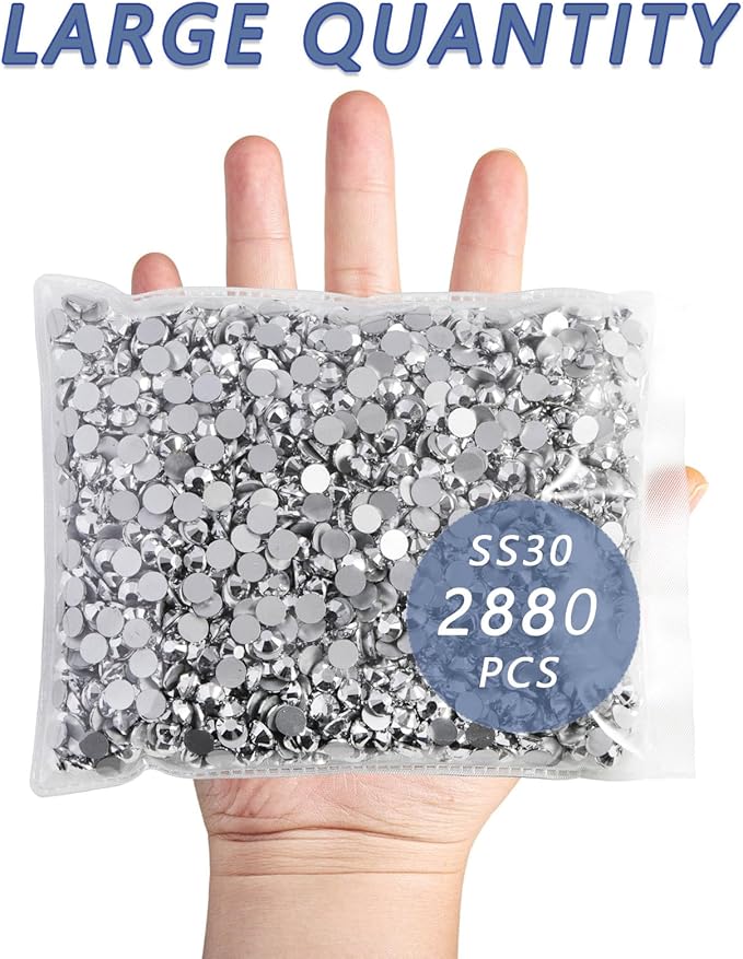 Beadsland Flatback Rhinestones Bulk, 2880pcs Silver Rhinestones for Nails Crafts Clothes DIY Decoration, Silver Hematite, SS30, 6.3-6.5mm