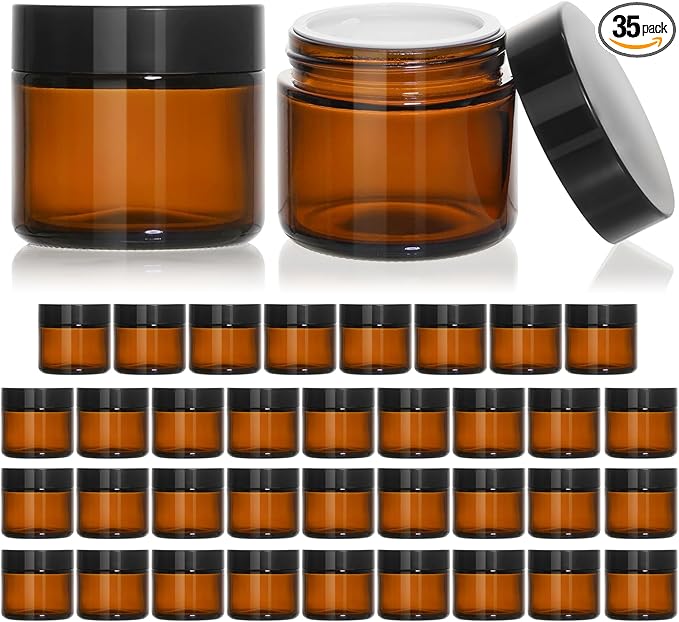 KEYWING 2oz Small Glass Jars, 35 Pack Amber Glass Cosmetic Jars with Black Lids, Round Sample Container with Inner Liners for Cream, Lotions, Powders and Ointments