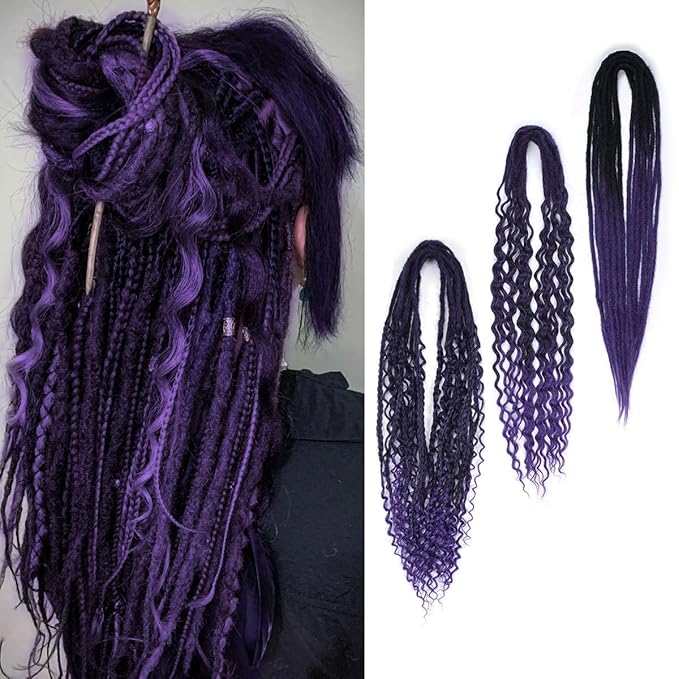 24 Inch Double Ended Dreadlock Extensions Sets, 20 Strands 3 In 1 Mixed Synthetic Dreads Extensions, Ombre Purple Straight&Curly&Boho Handmade Dreads Hippie Style Dreadlocks for Woman