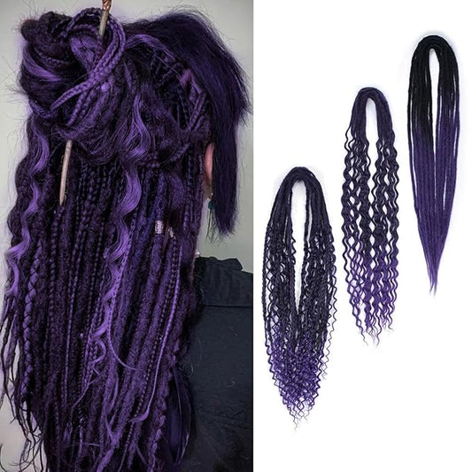 24 Inch Double Ended Dreadlock Extensions Sets, 20 Strands 3 In 1 Mixed Synthetic Dreads Extensions, Ombre Purple Straight&Curly&Boho Handmade Dreads Hippie Style Dreadlocks for Woman