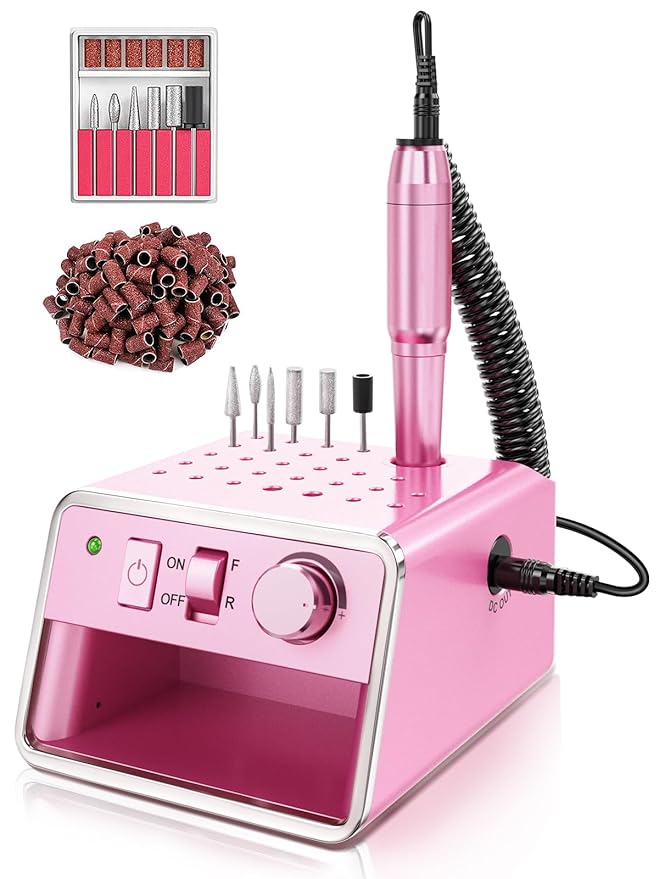 Subay Nail Drill Machine Electric File, Portable for Acrylic Gel Dip Powder Nails, Nail Drill Kit for Manicure Pedicure, Nail Set with Everything, Rose Pink
