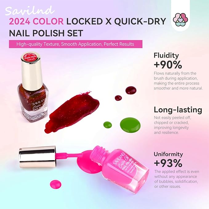 SAVILAND Nail Polish Set Fingernail Air-Dry: 36pcs Rainbow Colors Nail Polish Kit Glitter Regular Toenail Nail Polish with Base Top Polish Coat Nail Lacquer Acrylic Nail Set for Beginner Home DIY
